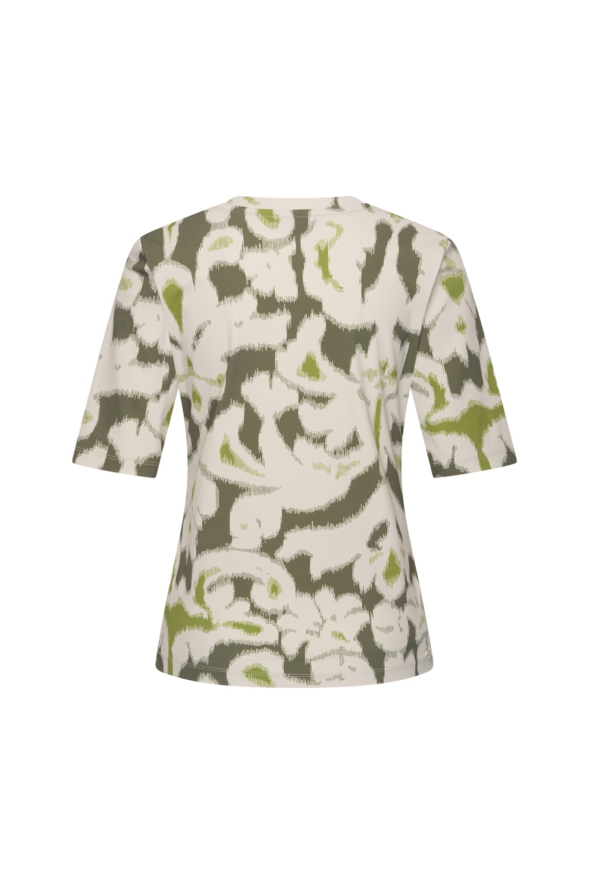 Reis-top van Mi Piace met ikat-ornamentenprint in olijfkleur, getoond van de achterkant op RealizeMode106.