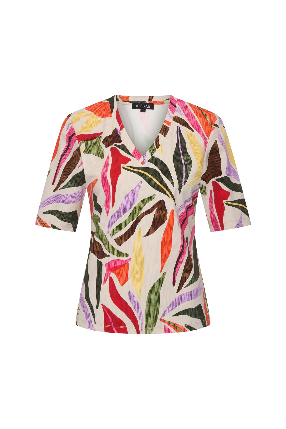 Luchtige zomer top van Mi Piace met bladpatroon, voor dames, getoond in een vooraanzicht.