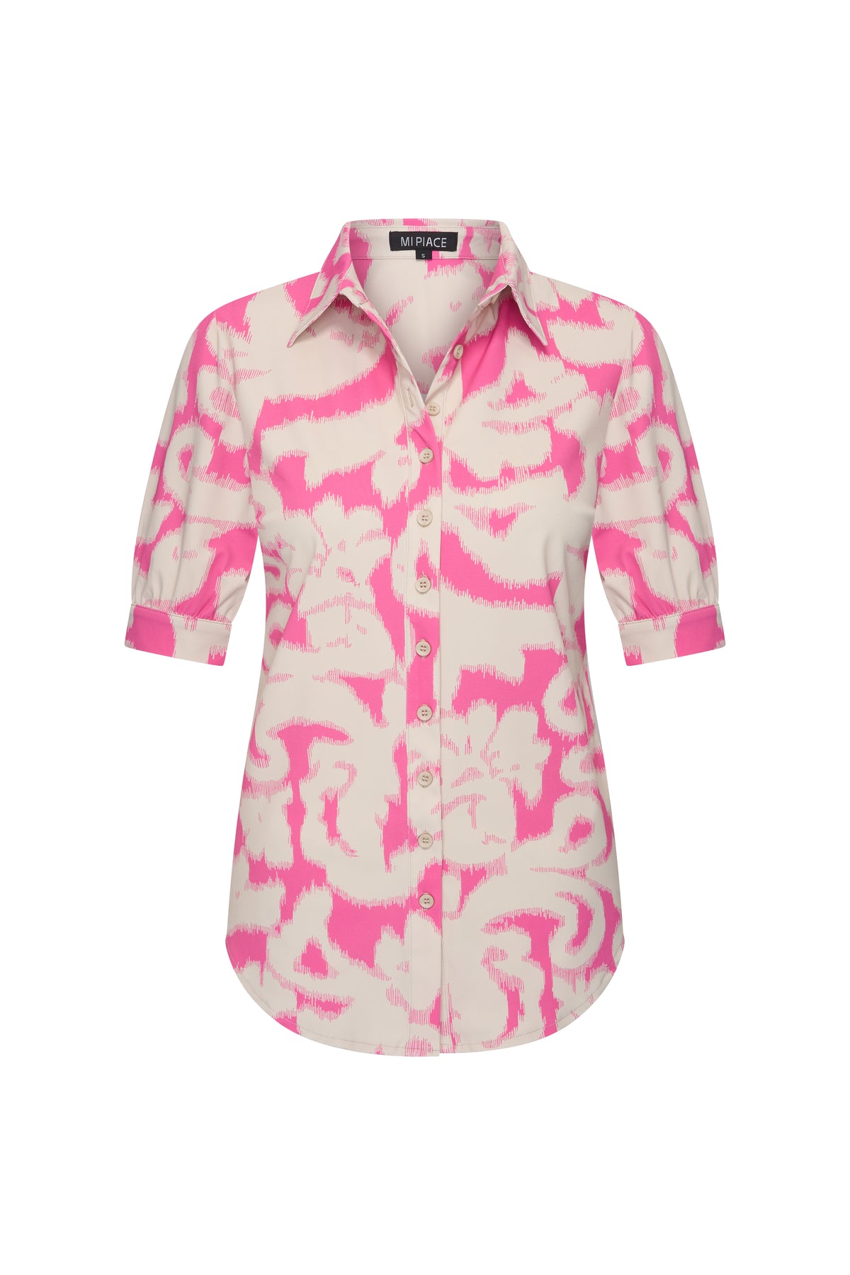 Lichte reisblouse van Mi Piace met puffmouwen, Ikat-ornamentenprint en rozenmotief, voor comfortabel reizen en casual dragen.