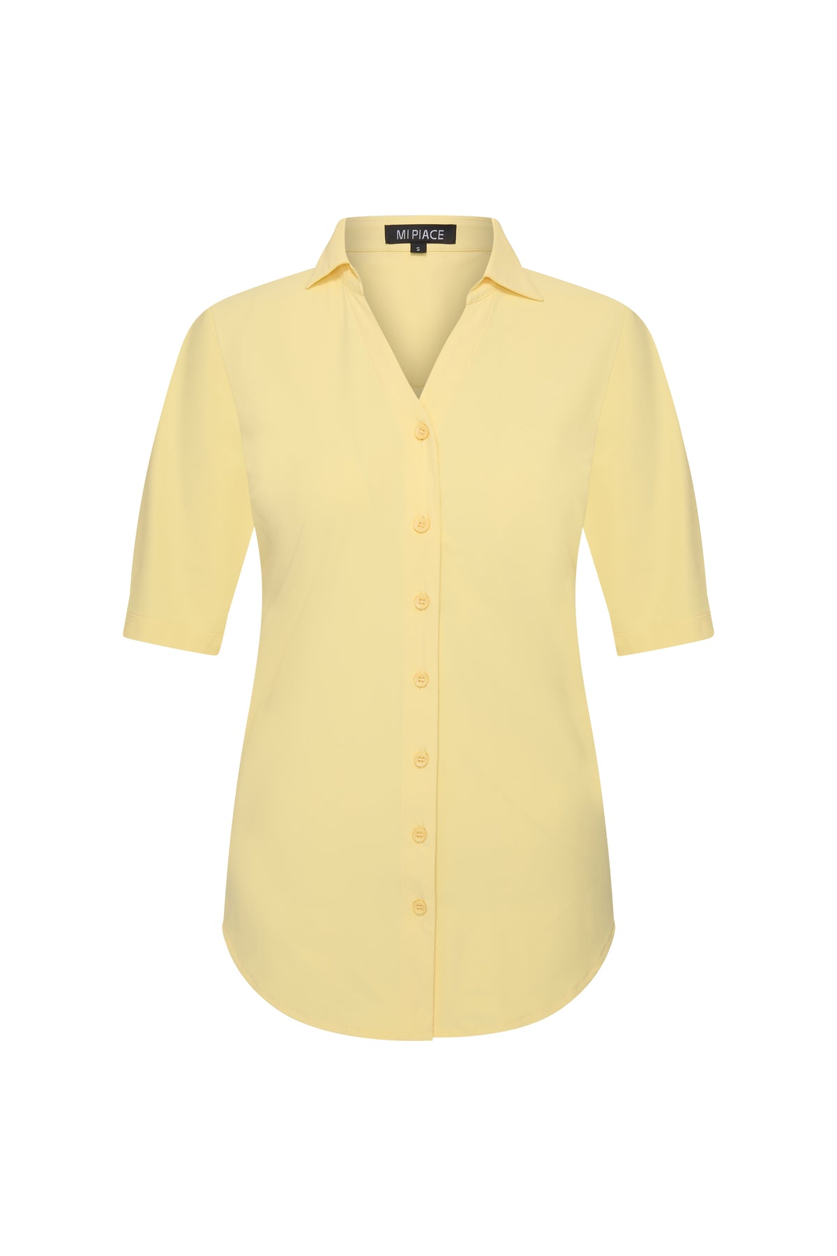 Lemon gele reisblouse van Mi Piace, vooraanzicht, met blouseknopen en korte mouwen, geschikt voor reizen en casual dragen.