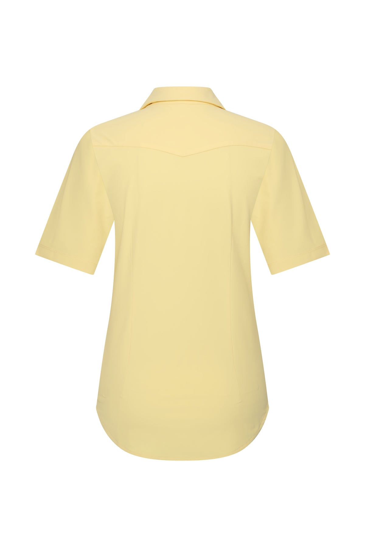 Lichte gele reisblouse van Mi Piace, achterkant met knoopdetails en losse pasvorm, geschikt voor reizen en casual dragen.