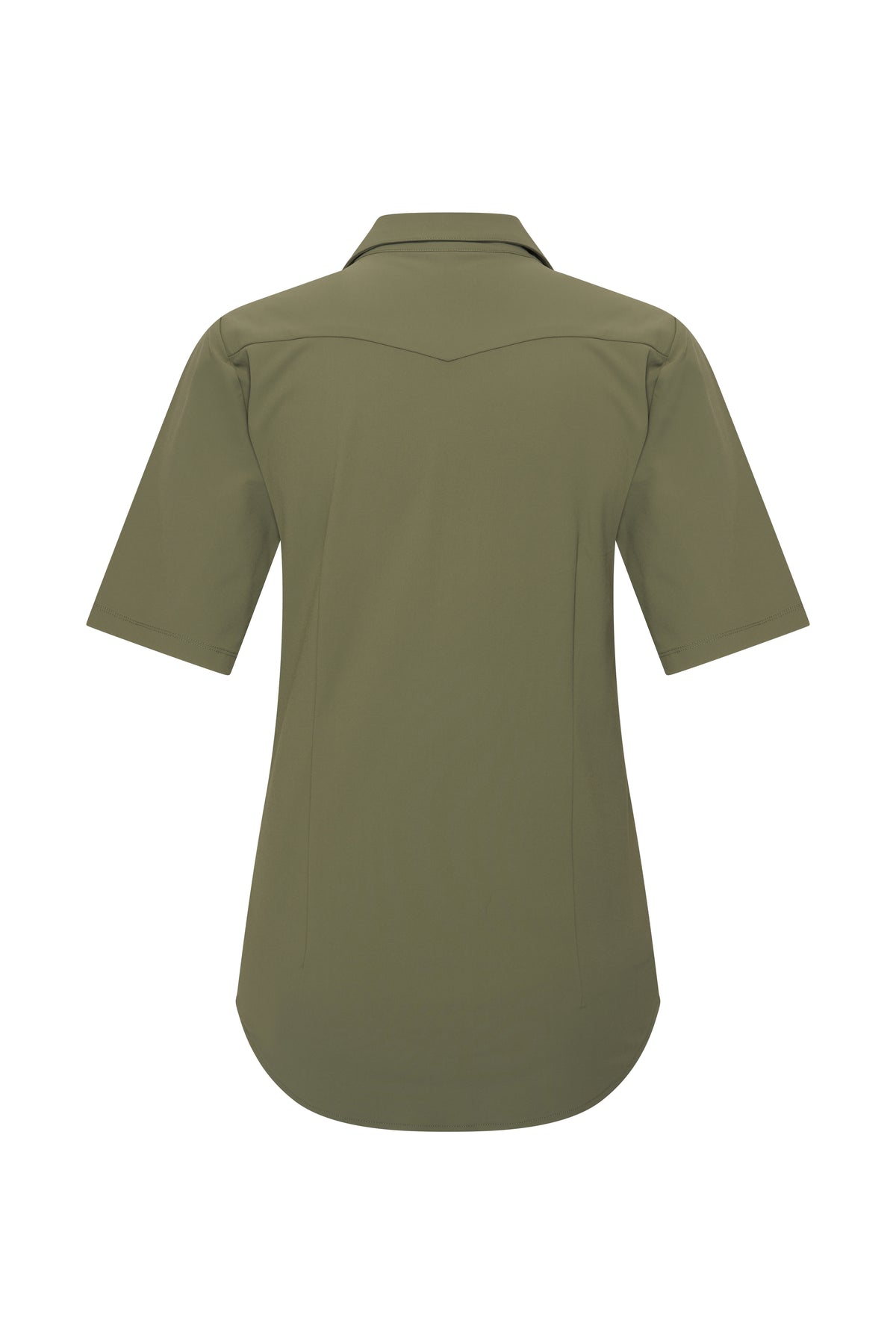 Olijfkleurige reisblouse van Mi Piace, getoond op een model, met een comfortabele pasvorm en stijlvolle details.