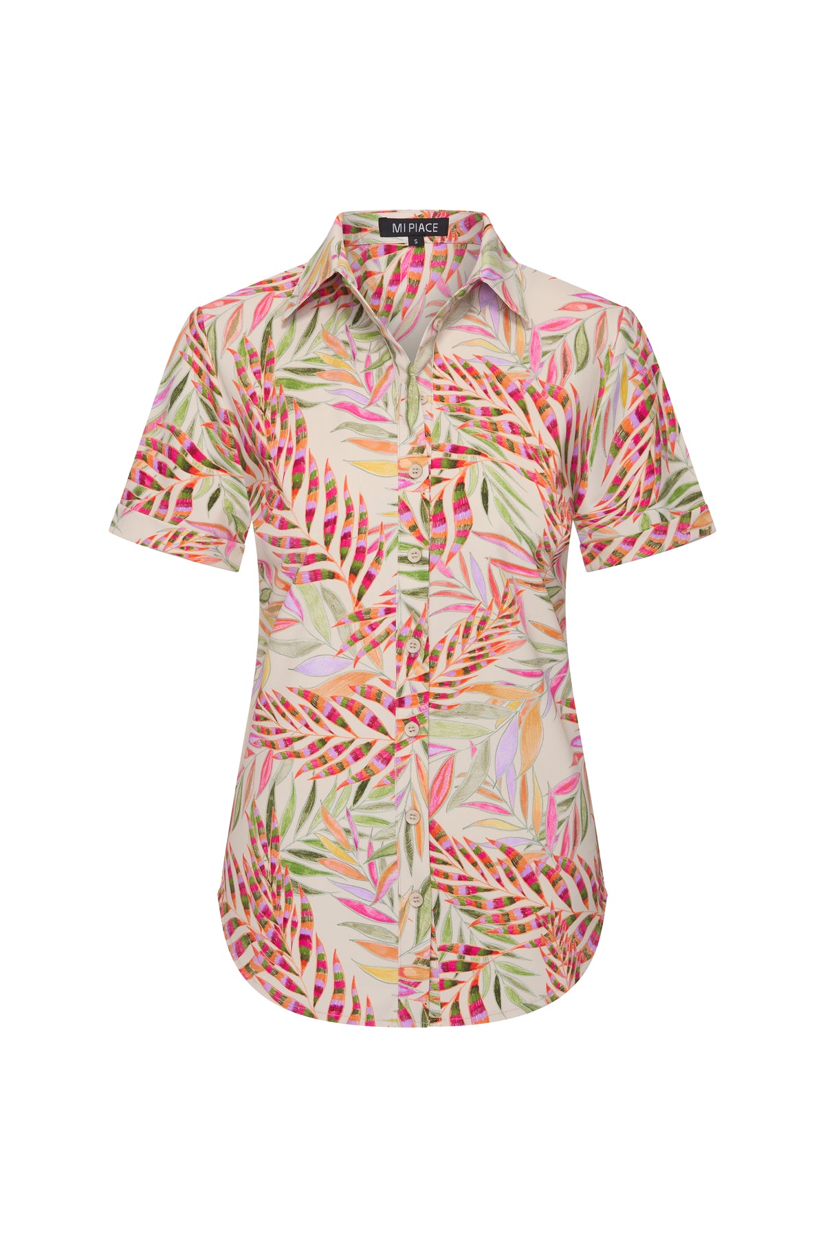 Blouse van Mi Piace met pencil print met takkenmotief, voor reizen en casual dragen, voor- en zijaanzicht.