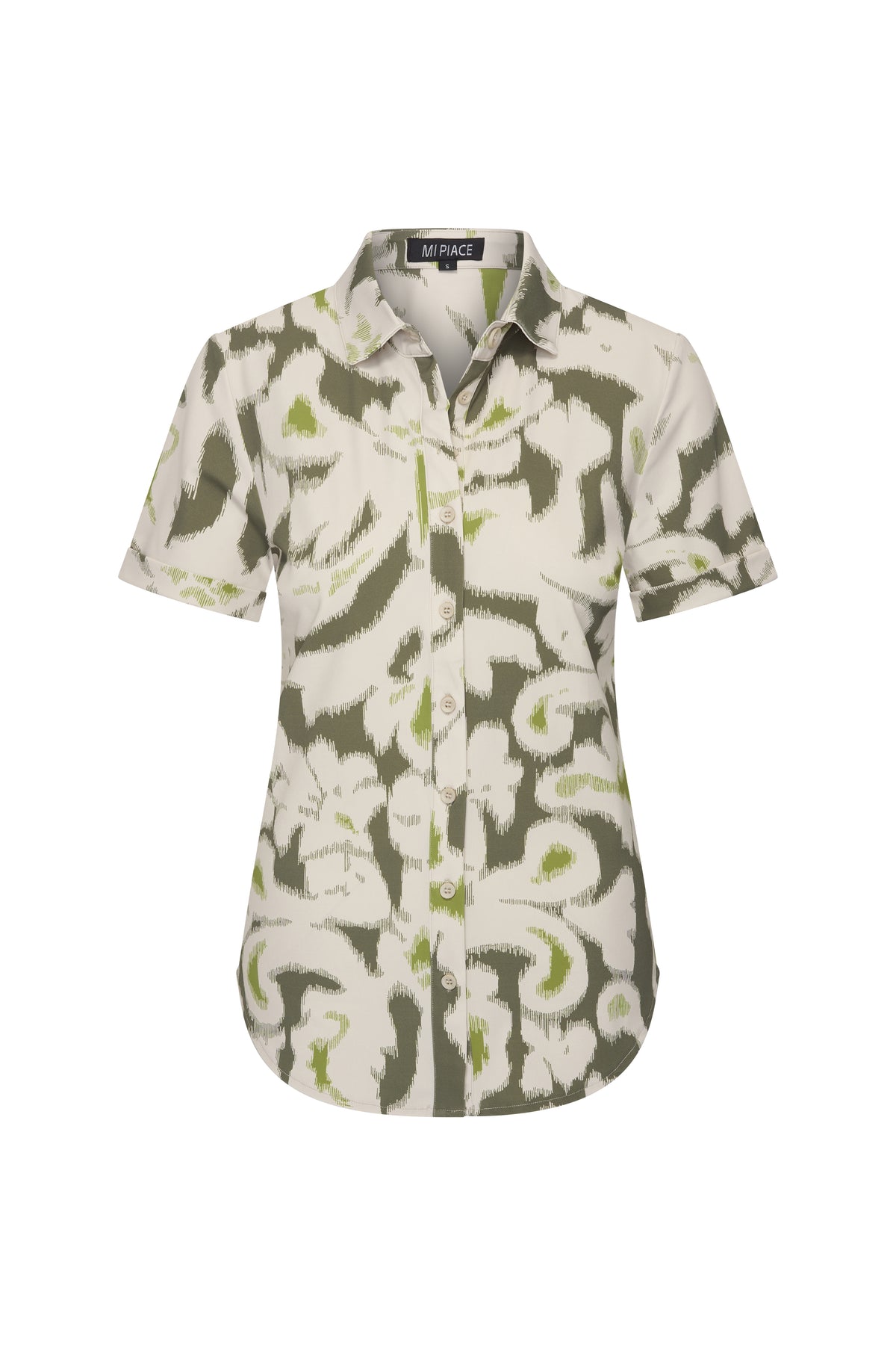 Lichte reisblouse van Mi Piace met olijfgroene Ikat-print, voor dames, getoond van de voorkant.