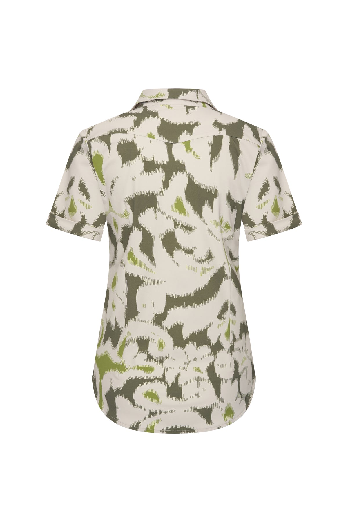 Olijfgroene reisblouse met Ikat-print van Mi Piace, getoond van achterzijde. Lichtgewicht en casual voor reizen.