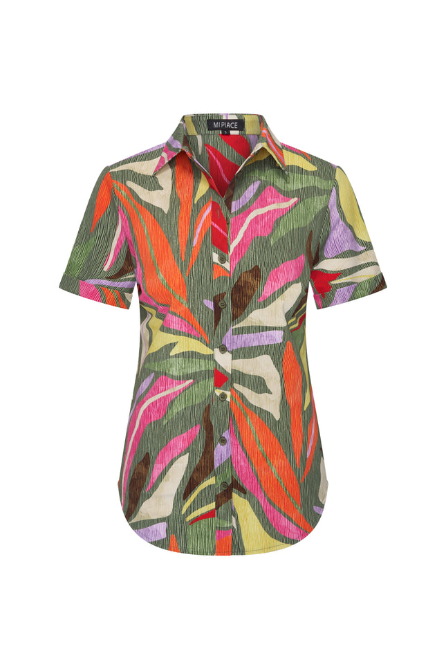 Mi Piace Travel Blouse Summer Leaf Dance Print Olive 202031 Stretchshop.nl