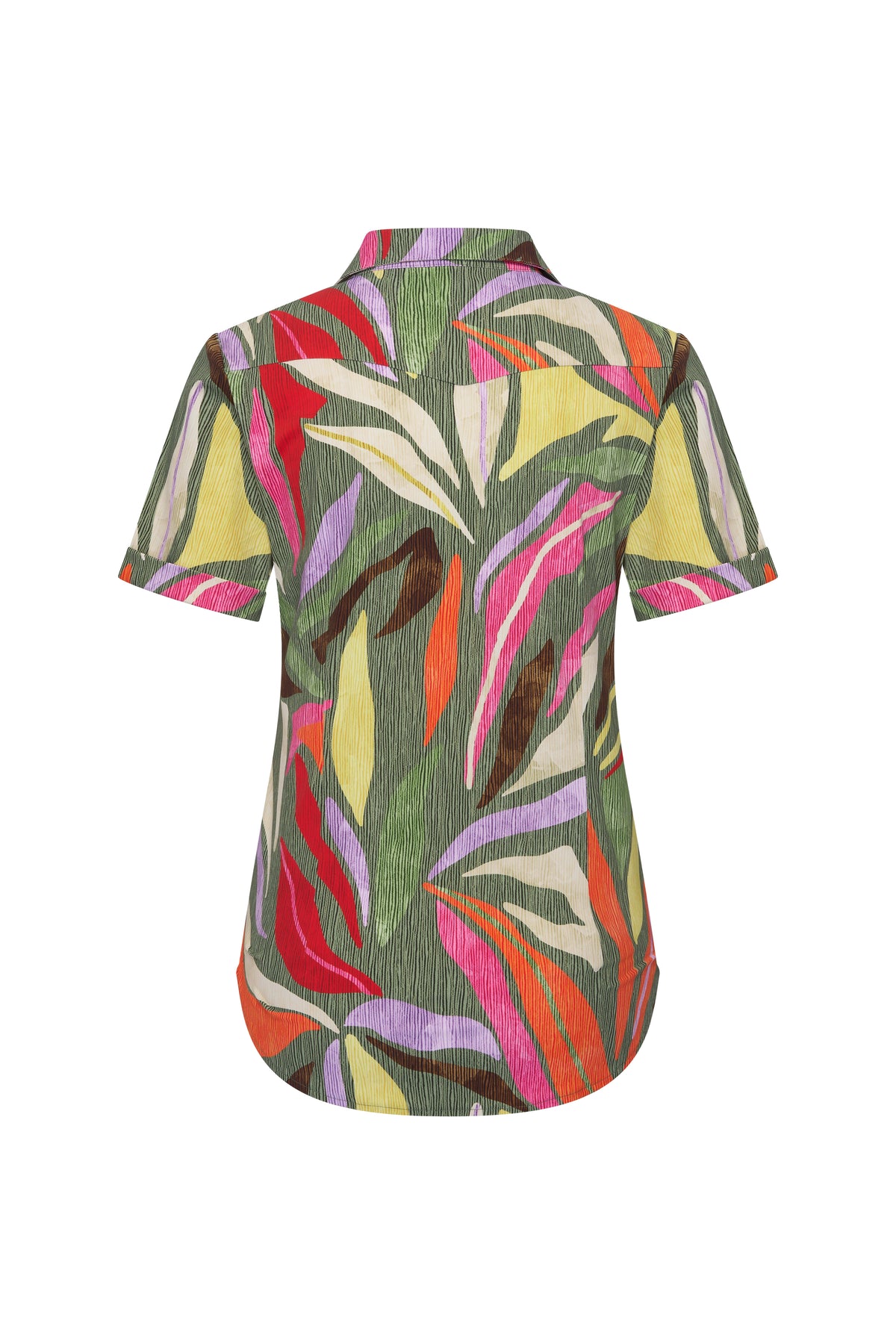 Lichte zomer blouse van Mi Piace met bladprint in olijfgroen en dansmotief, gedragen door een model, achterkant zichtbaar.