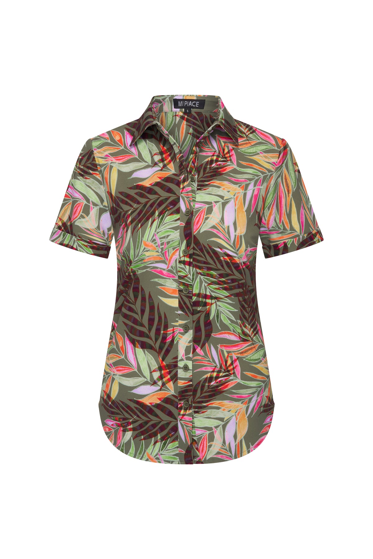 Olijfgroene reisblouse van Mi Piace met potloodvormige snit en print van takken, voor dames, getoond vanaf de voorkant