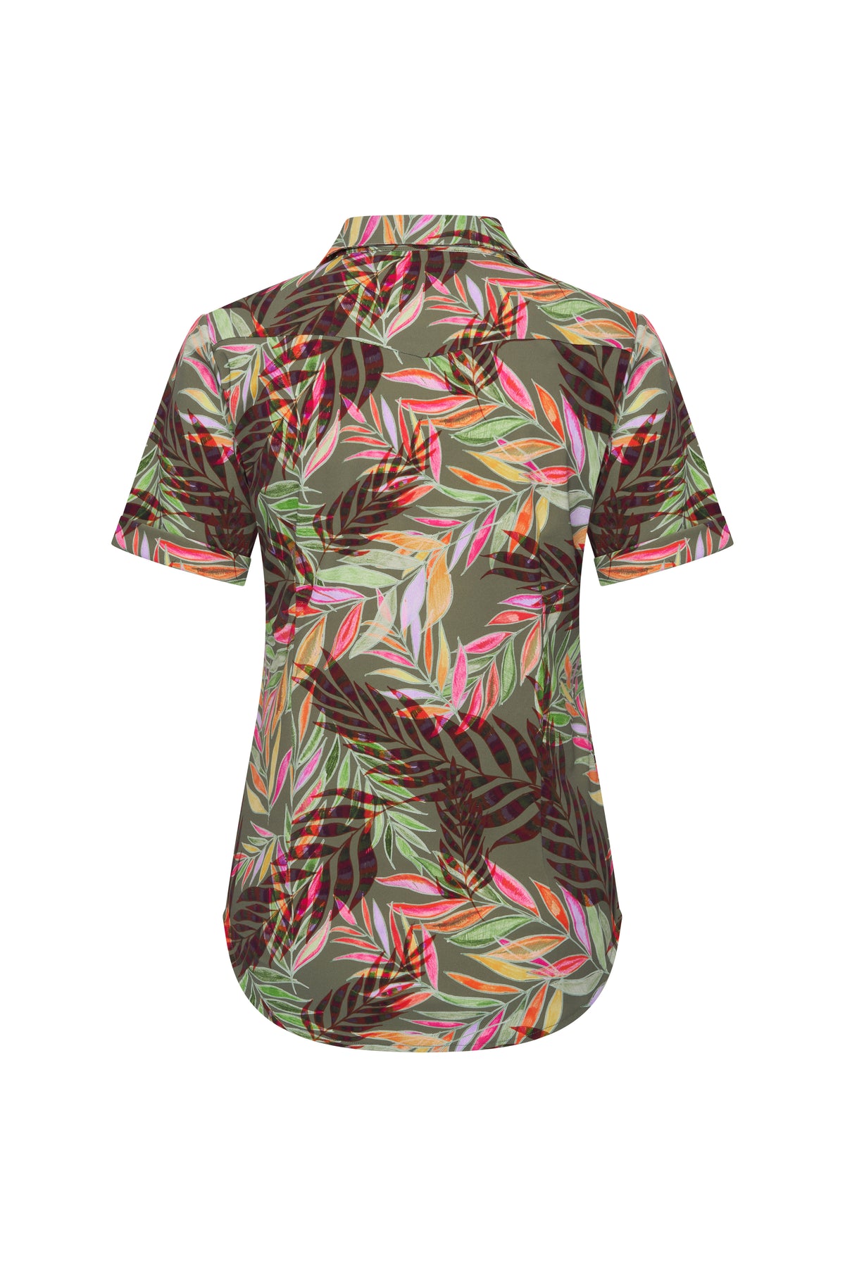 Olijfgroene reisblouse van Mi Piace met potloodvormige print en takkenmotief, getoond op een model.