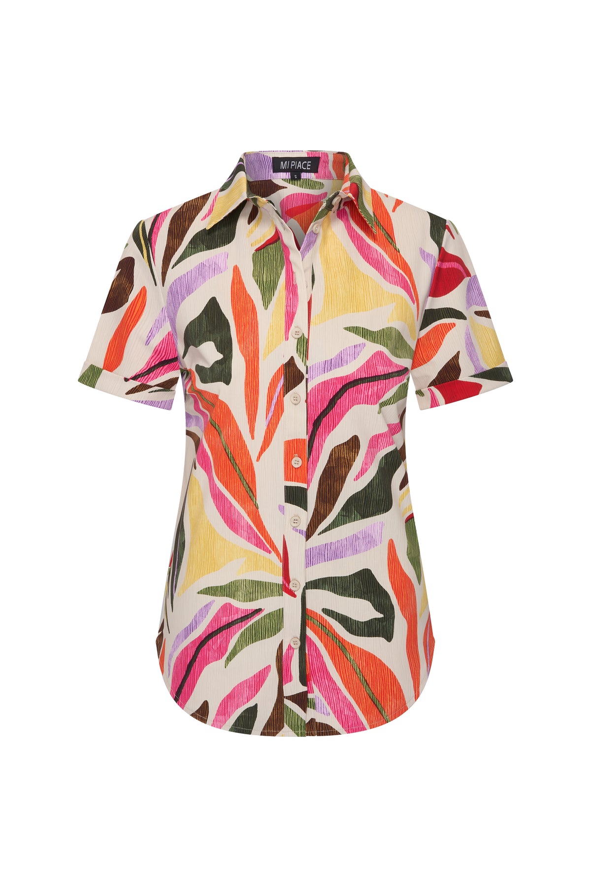 Zomerse blouse met bladprint van Mi Piace, voor reis- en zomeroutfits, getoond in frontale weergave