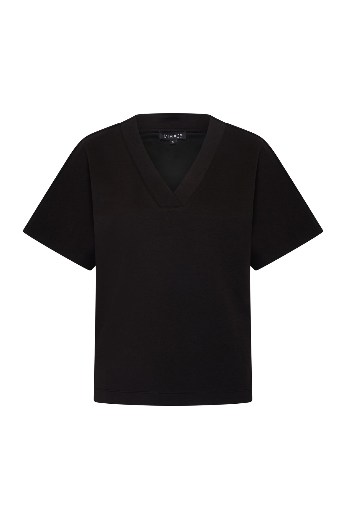 Zwart V-hals top van Mi Piace, sweatstof, getoond van de voorkant met een V-neck en een casual pasvorm.