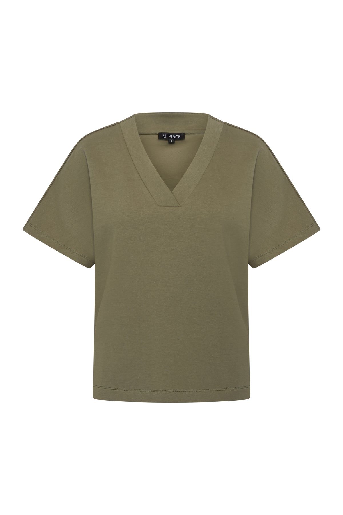 Groen V-hals top van Mi Piace, comfortabel sweatmateriaal, getoond van de voorkant op de afbeelding.