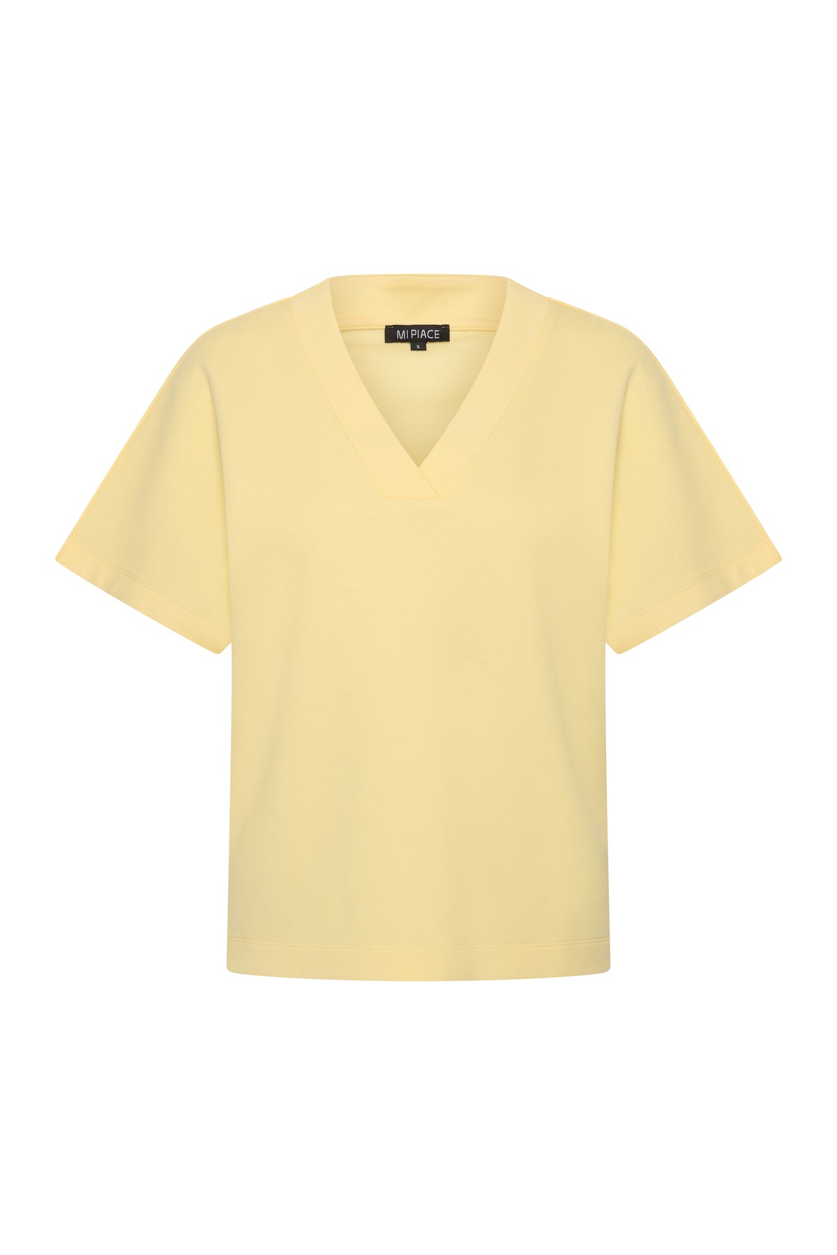 Lichte gele V-hals top van Mi Piace met sweatstof, getoond vanuit de voorkant.