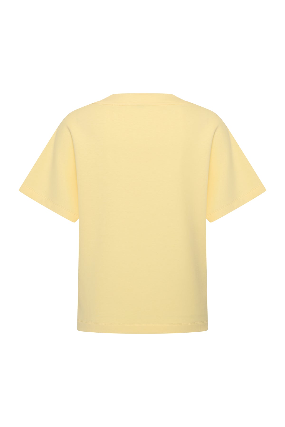 Lemon gele V-hals top van Mi Piace met sweatstof, getoond op een model met een achterkant view.