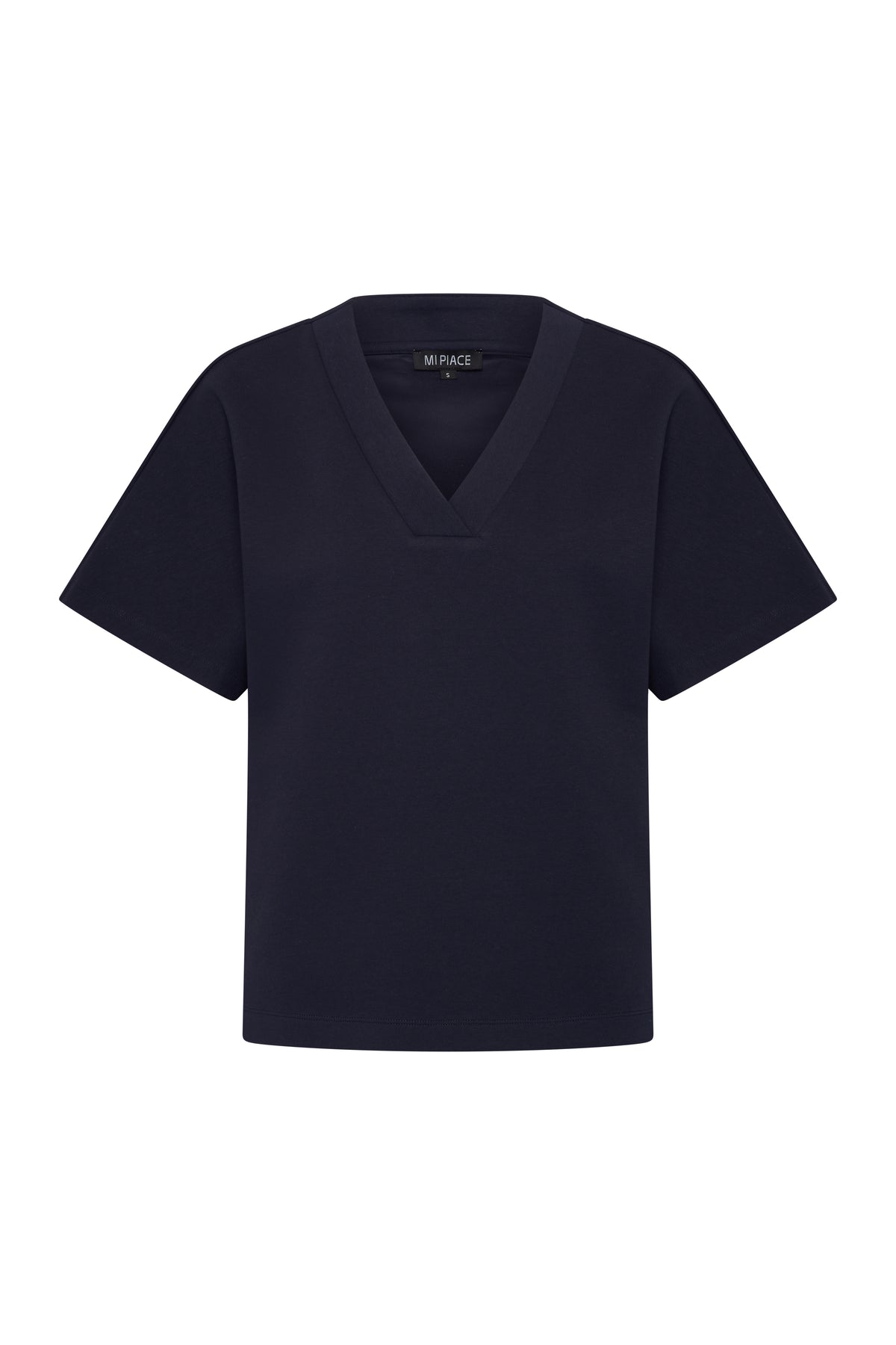 Donkere navy top met V-hals van Mi Piace, recht model, zichtbaar in de vooraanzichtfoto.