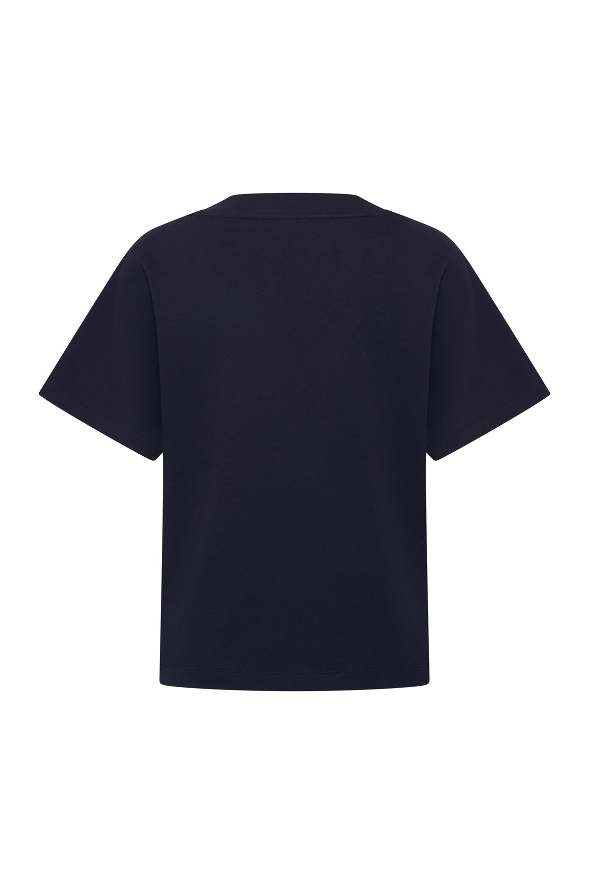 Navy blauwe V-hals top van Mi Piace met sweatstof, getoond van achteren, casual stijl en comfortabele pasvorm.