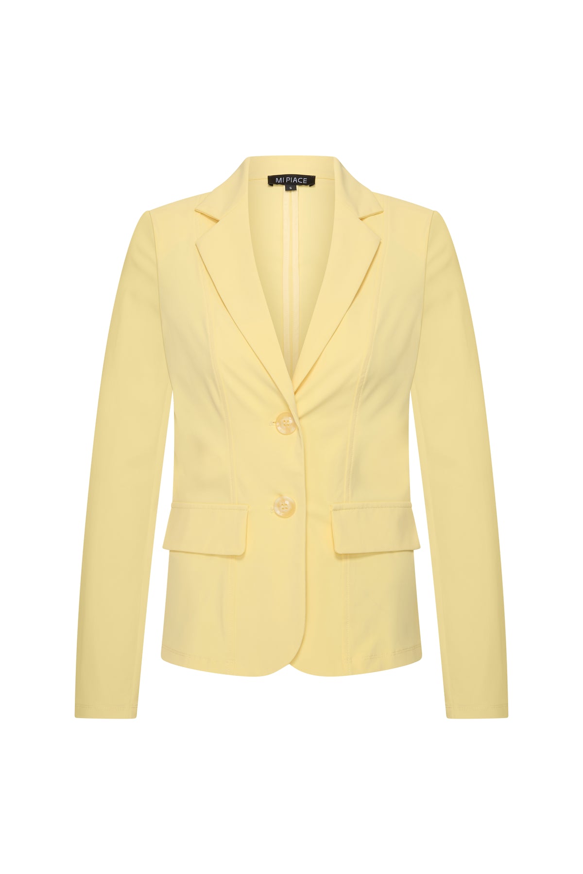 Lemongele reisblazer van Mi Piace, vooraanzicht met knopen en stijlvolle snit, geschikt voor zakelijk of casual gebruik.