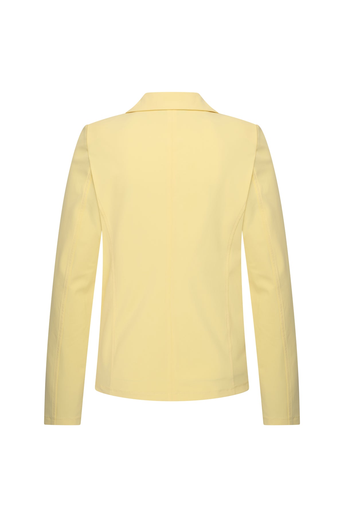 Lemon gele reisblazer van Mi Piace, getoond op de achterkant, met stijlvolle pasvorm en lichte stof voor reizen.
