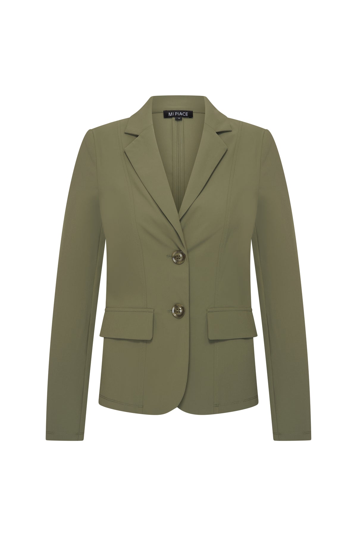 Olijfgroene reisblazer van Mi Piace, getoond van de voorkant, met stijlvol ontwerp en knopen, geschikt voor zakelijk en casual gebruik.
