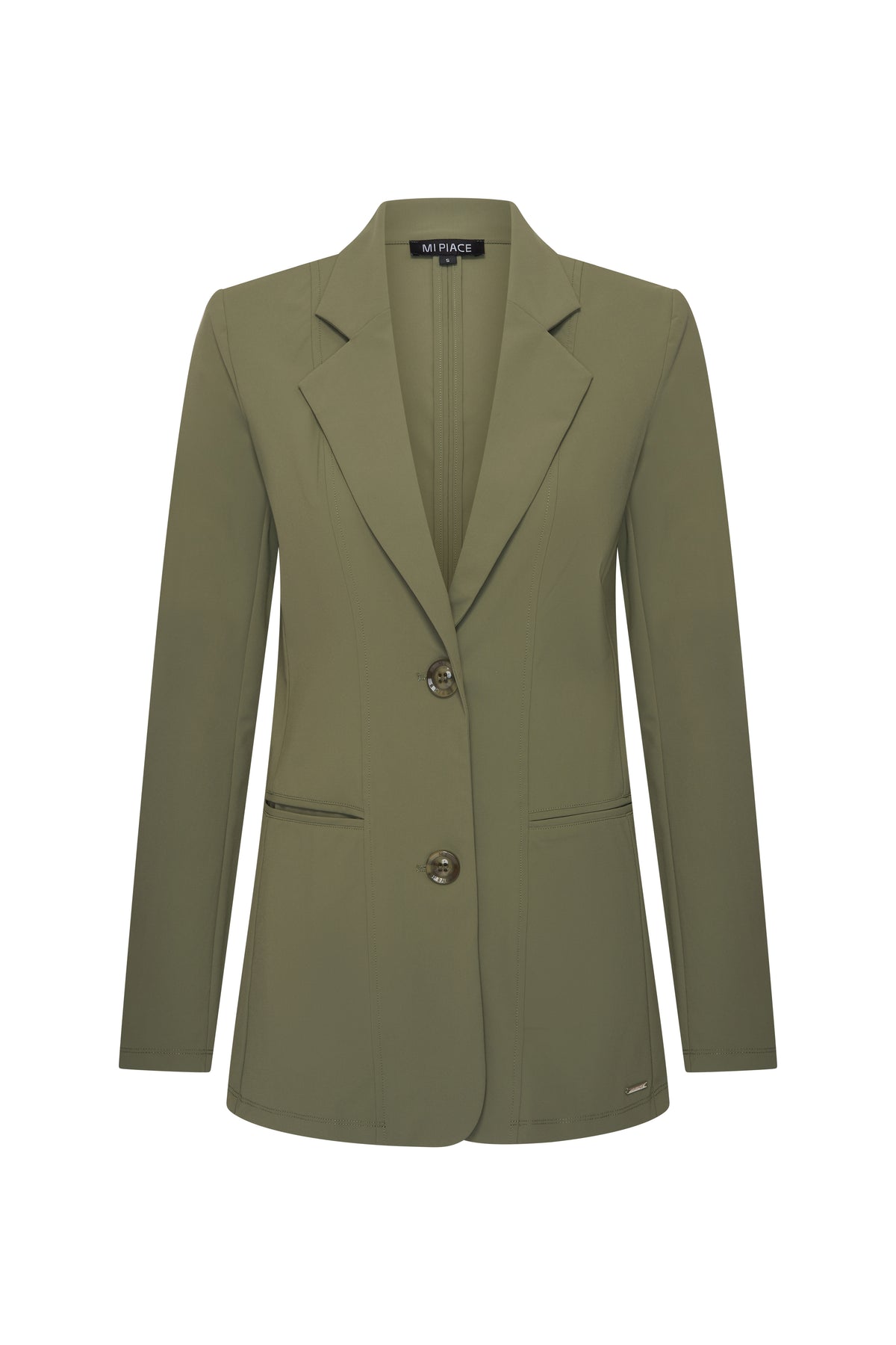 Olijfkleurige reisblazer van Mi Piace, getoond van de voorkant, met nette snit en stijlvolle details.