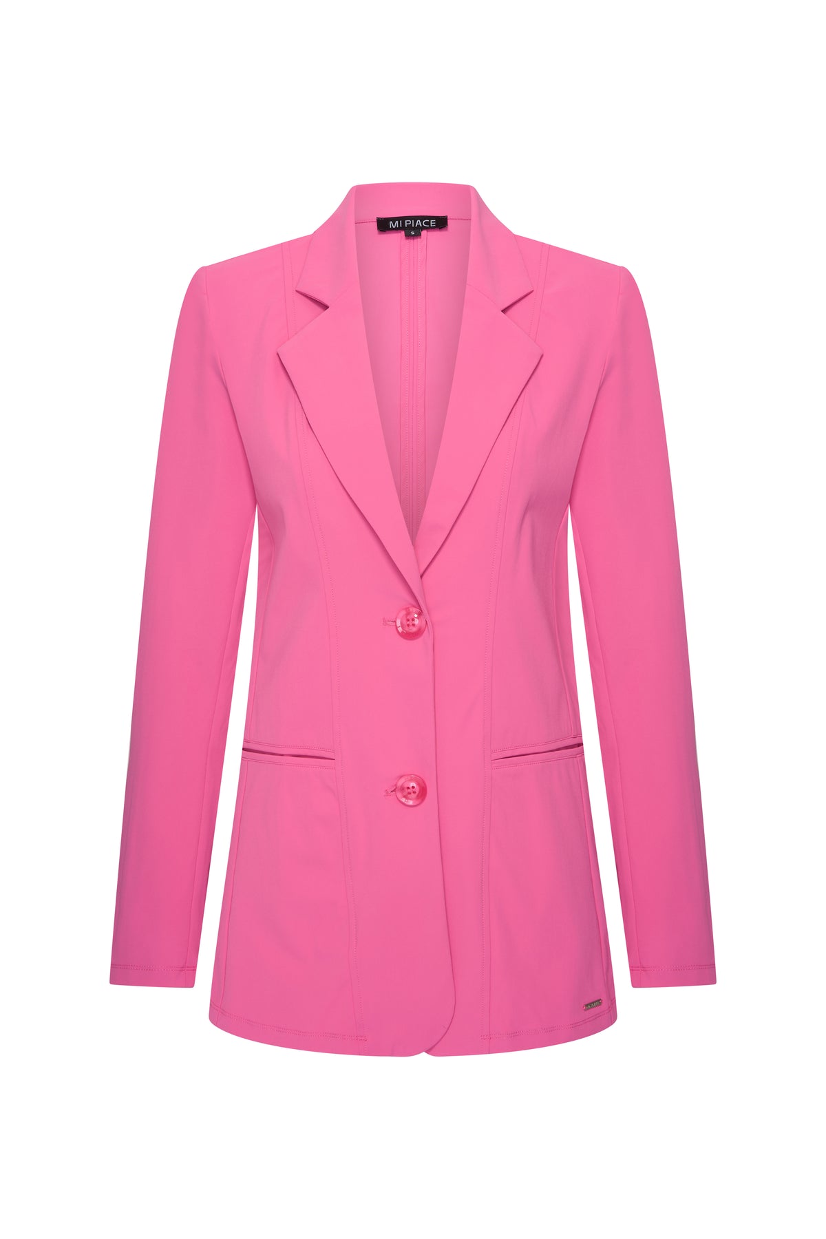 Roze reisblazer van Mi Piace, getoond van de voorkant, met stijlvolle pasvorm en modieuze details.