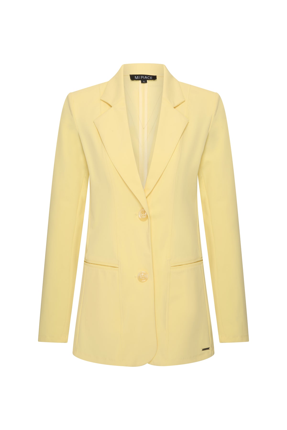 Lichtgele reiskostuum blazer van Mi Piace, voor- en zijaanzicht, stevige stof en stijlvolle pasvorm.