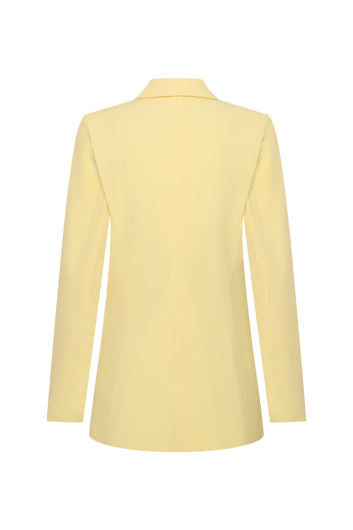 Lemon gele reisblazer van Mi Piace, getoond van achteren, met korte kraag en zakken, ideaal voor stijlvolle reizen.
