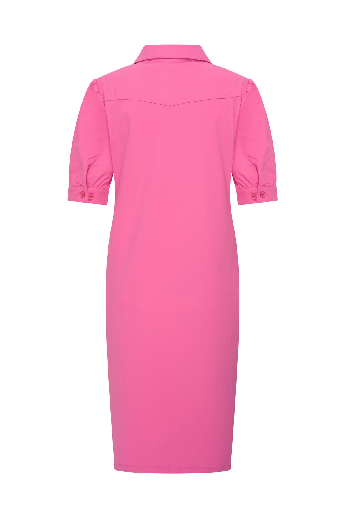 Reisjurk Polo Rose van Mi Piace, getailleerde pasvorm en stijlvolle details, getoond vanaf de achterkant.