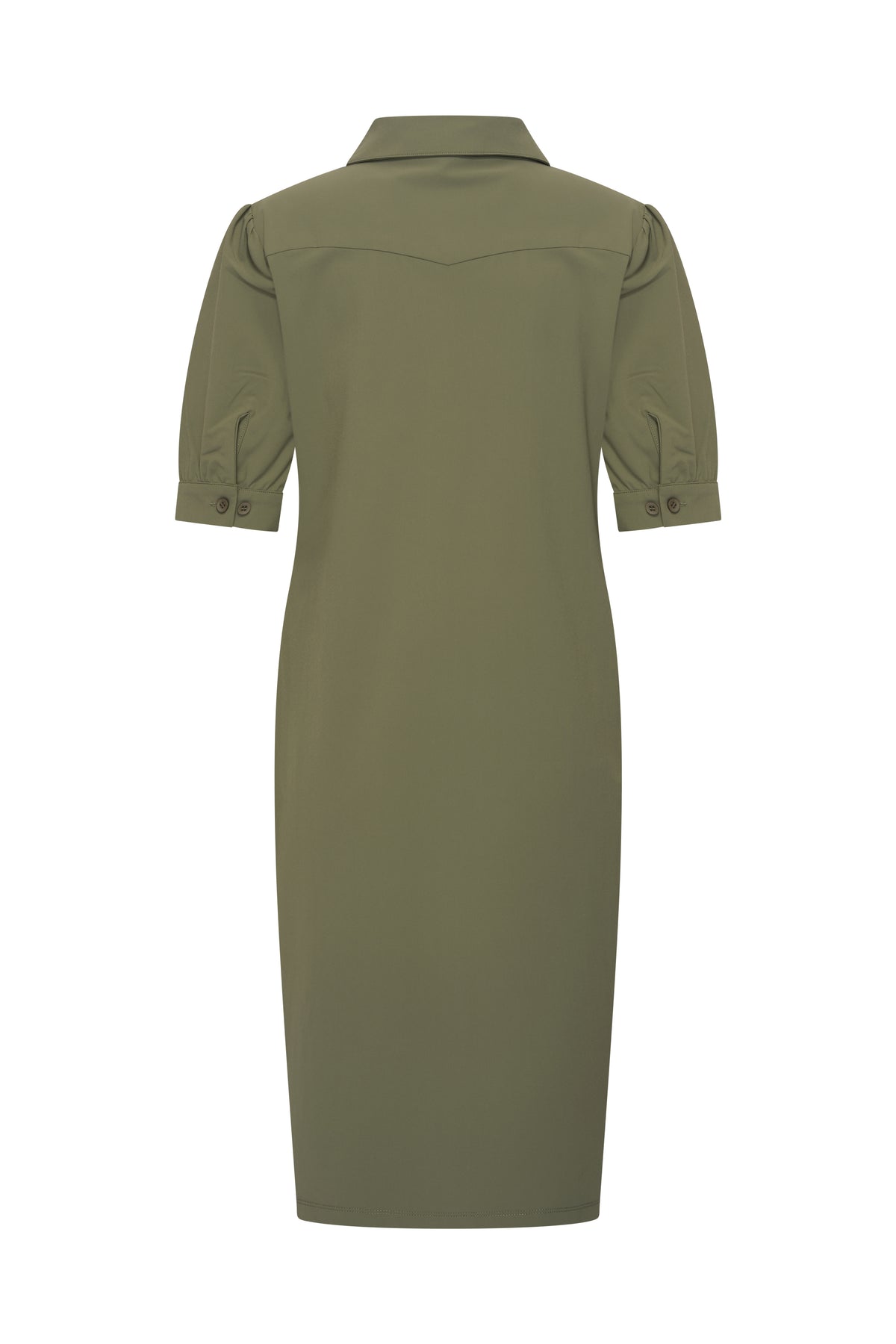 Mi Piace Travel Jurk Polo in olijfgroen, getoonde achterkant met stijlvolle details en comfortabele pasvorm.
