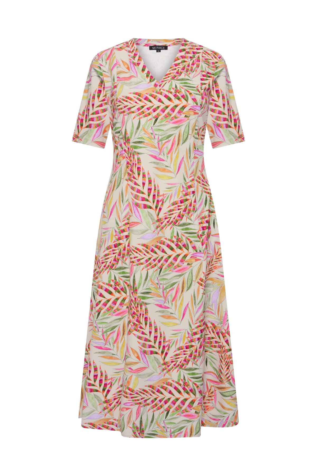 Pencil jurk met takkenprint van Mi Piace, voor dames, voor een stijlvolle reislook, getoond in de vooraanzicht.