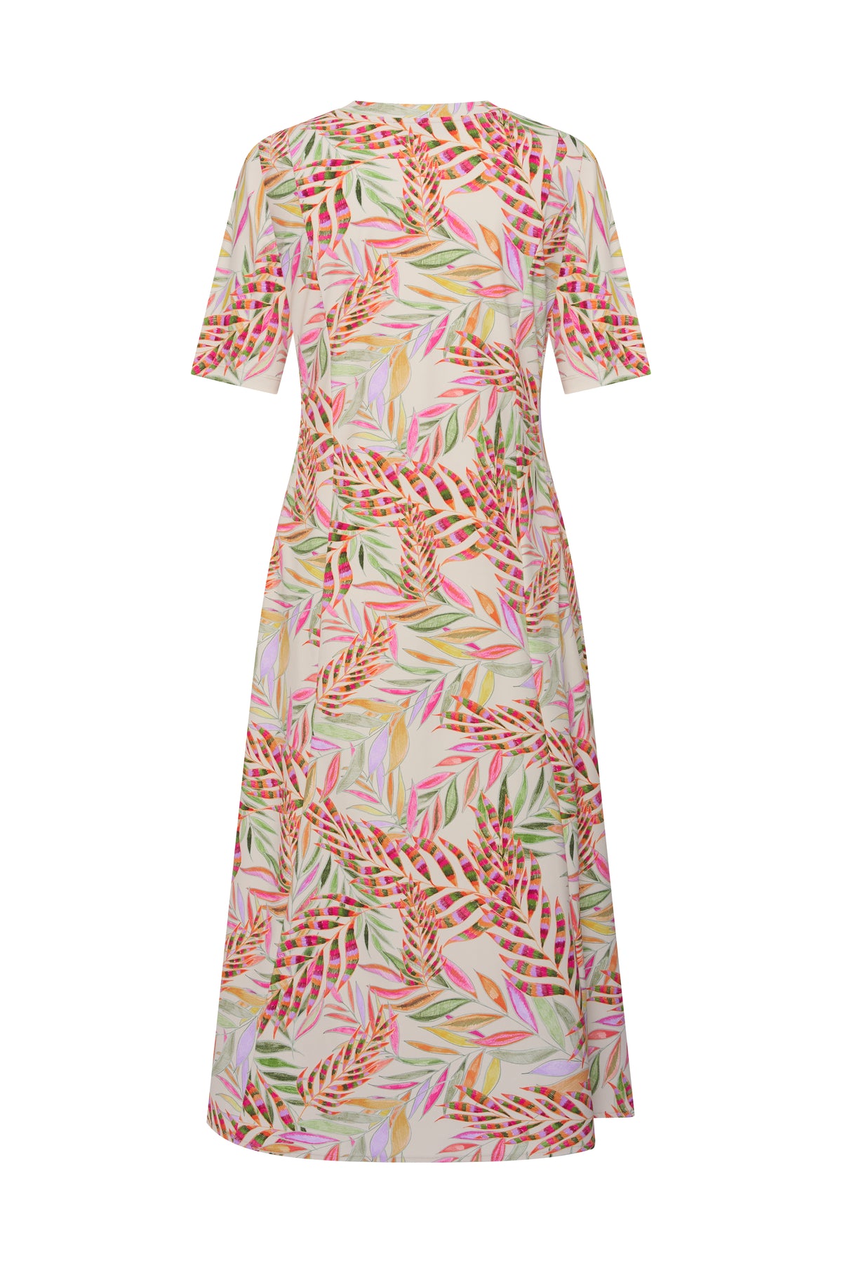 Penciljurk van Mi Piace met bladerenprint, getoond op een model, recht gesneden en geschikt voor reizen en casual dragen