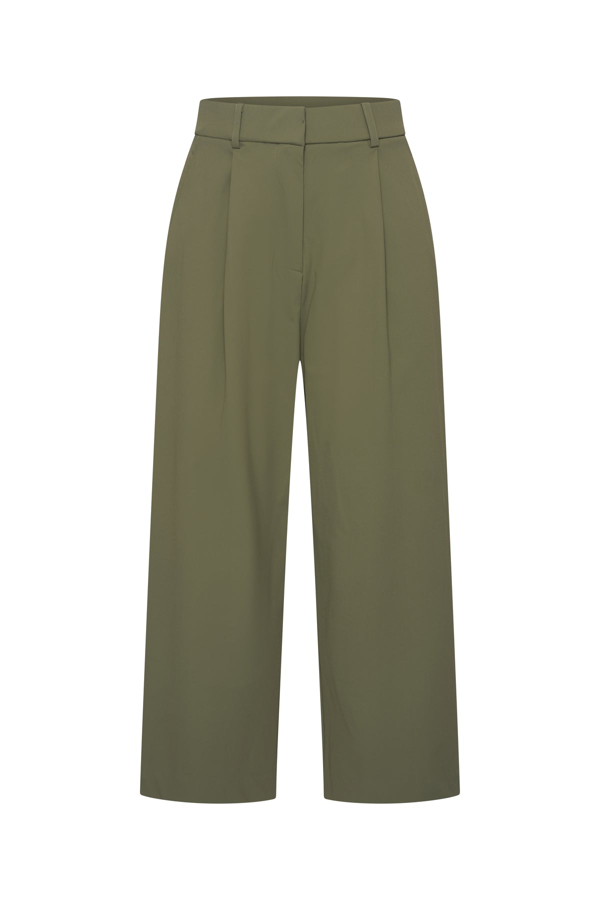 Olijfgroene reisculotte met plooien van Mi Piace, getoond vanuit de voorkant, casual en modieus voor reizen en ontspanning.