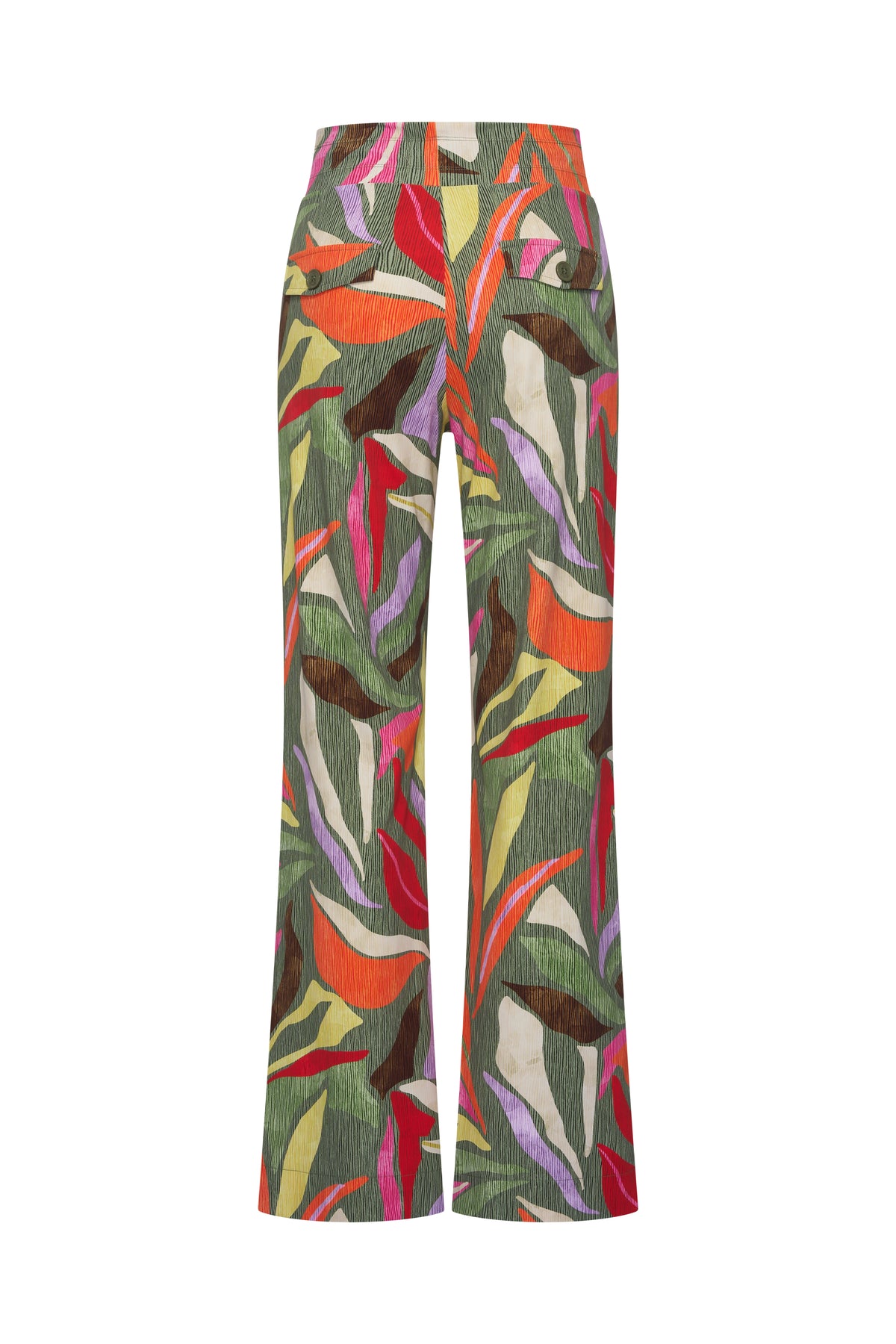 Olijfgroene zomer travel broek van Mi Piace met bladprint, losvallend model, geschikt voor reizen en zomerse dagen.