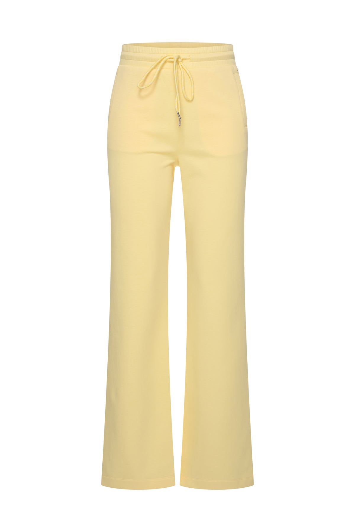 Lichte gele sweatbroek van Mi Piace met elastische taille en casual pasvorm, zicht van de voorkant op RealizeMode357.
