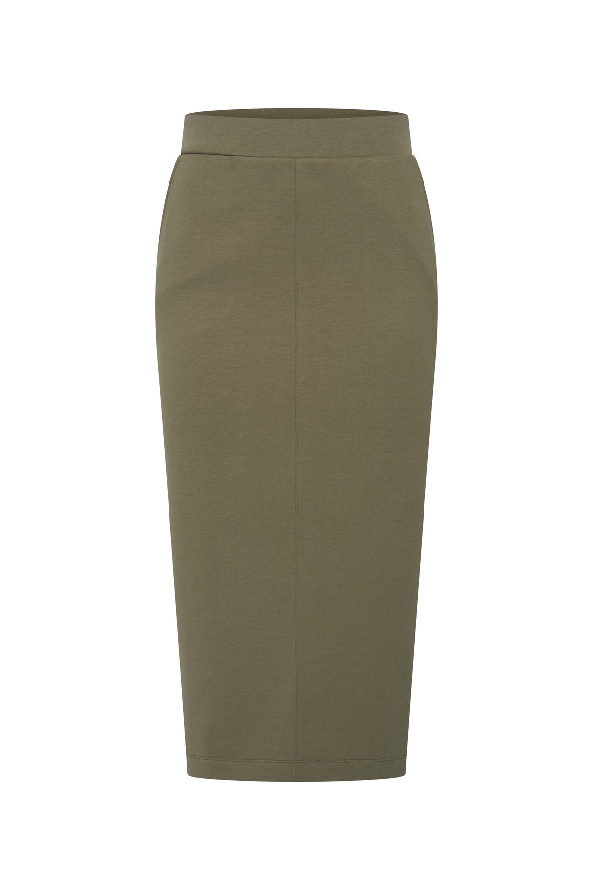 Groene sweatrok van Mi Piace met elastische taille en voorkantdetails, gedragen door een model, voor casual stijl
