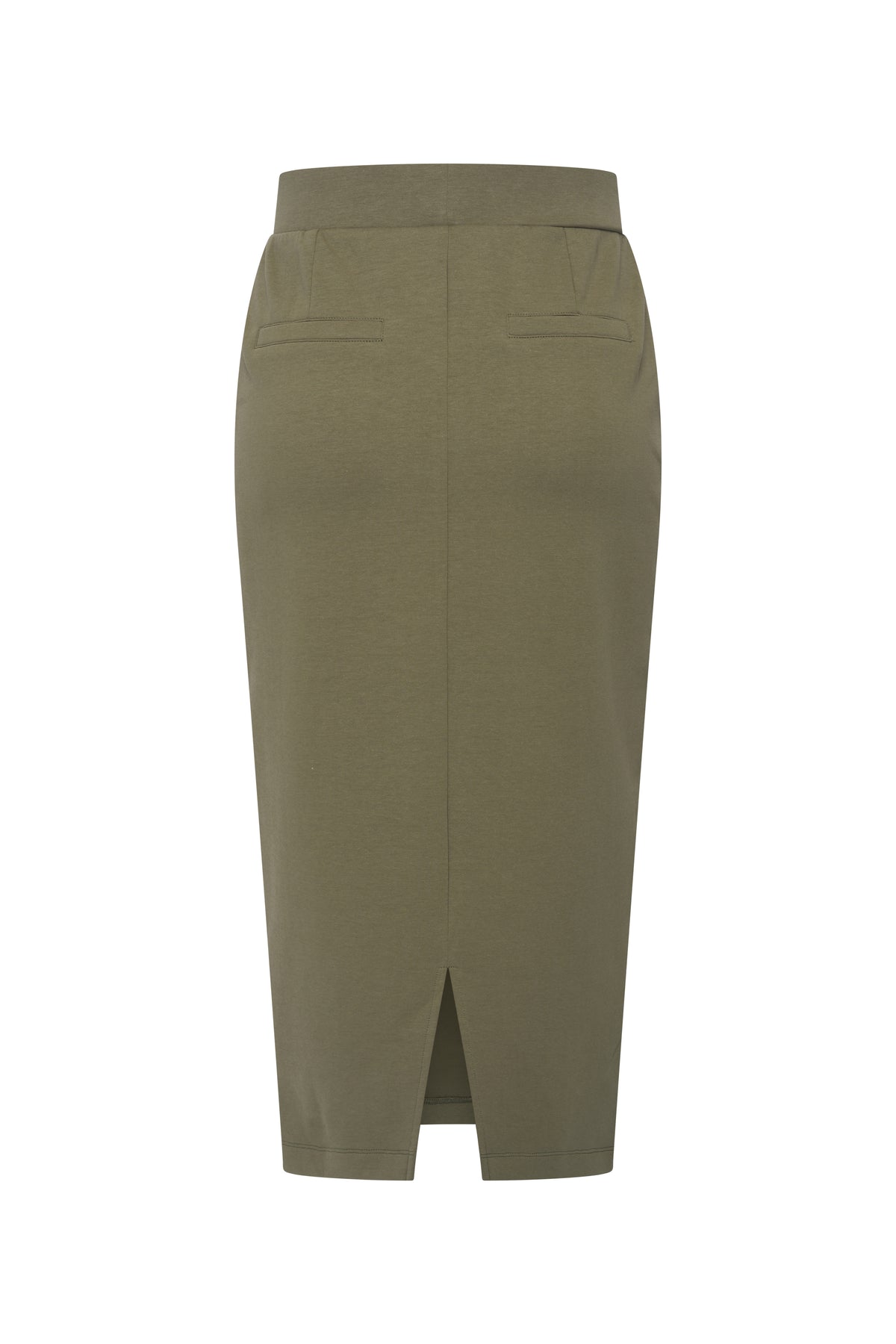 Olijfgroene sweatrok van Mi Piace, getoond van achteren, met een losvallende pasvorm en elastische taille voor comfort.