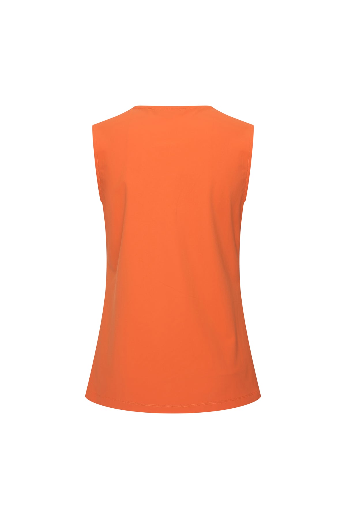 Oranje reis-top van Mi Piace met lichte stof en korte mouwen, weergegeven van achterzijde.
