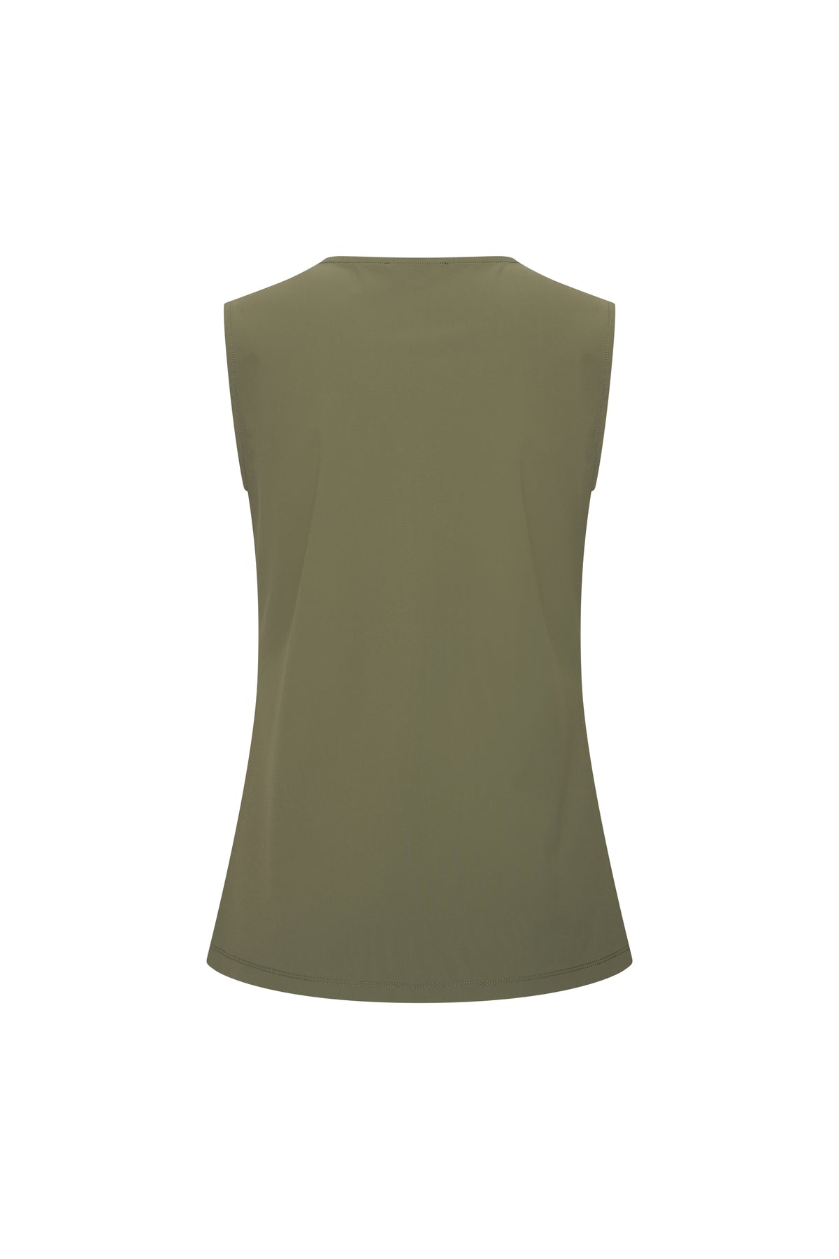 Olijfgroene Travel Top van Mi Piace, getoond op een model, met korte mouwen en comfortabele pasvorm.