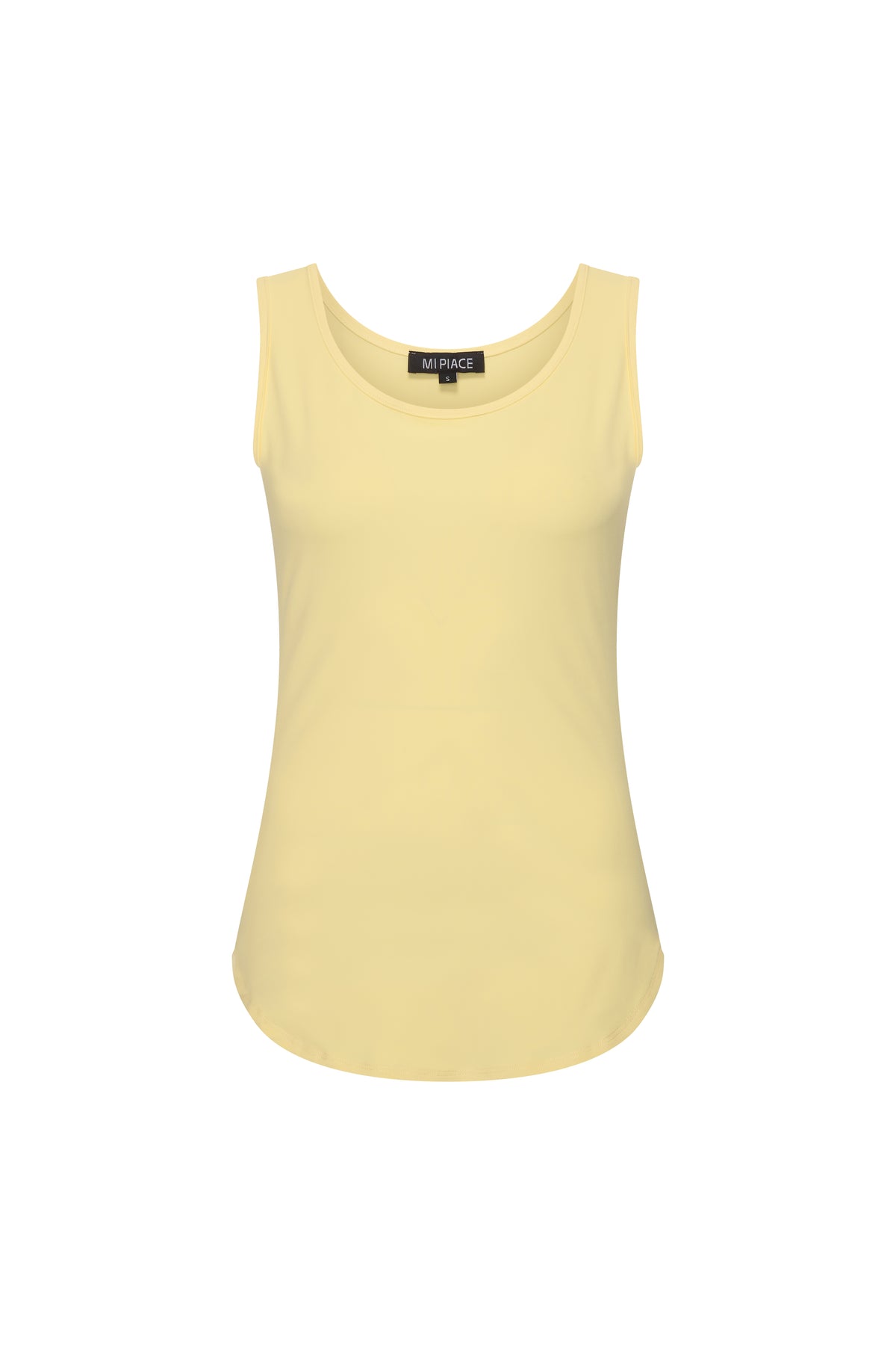 Lemon gele Travel Top van Mi Piace, voor- en zijaanzicht, casual mode, lichte stoffen, comfortabele pasvorm.