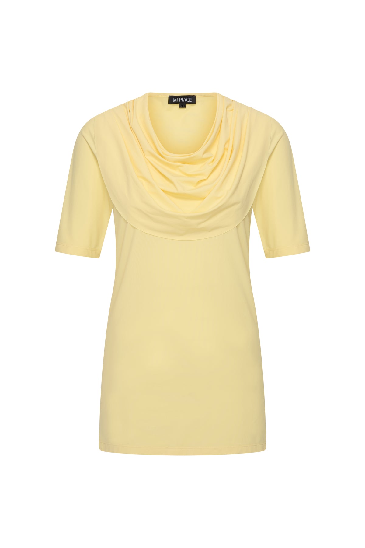Lemon gele Travel Top met draperie en boothals van Mi Piace, getoond vanaf de voorkant.