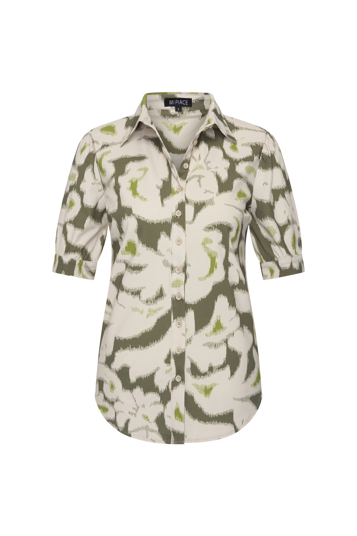 Lichte reisblouse van Mi Piace met puffmouwen en ikat ornamentenprint in olijfgroen, voor een stijlvolle look.