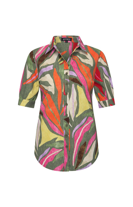 Mi Piace Travel Blouse Puff Summer Leaf Dance Print Olive 202270 Stretchshop.nl