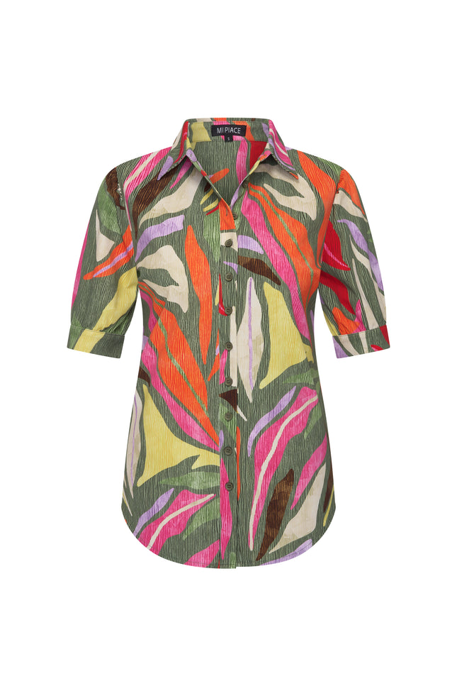 Mi Piace Travel Blouse Puff Summer Leaf Dance Print Olive 202270 Stretchshop.nl
