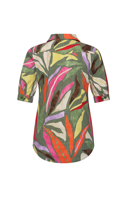 Mi Piace Travel Blouse Puff Summer Leaf Dance Print Olive 202270 Stretchshop.nl