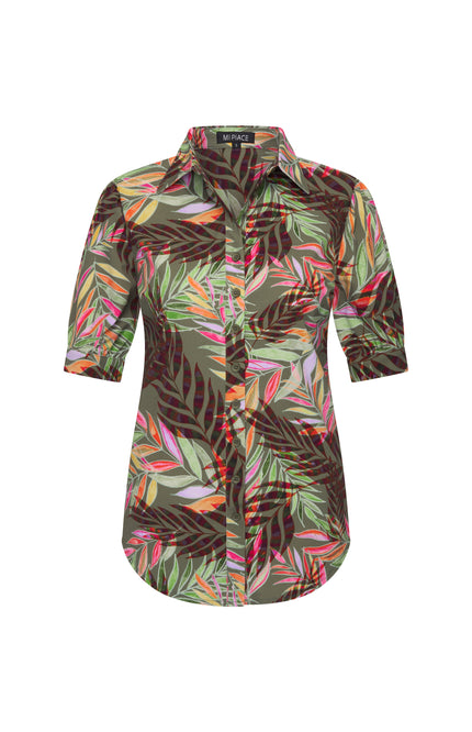 Mi Piace Travel Blouse Puff Pencil Branches Print Olive 202270 Stretchshop.nl