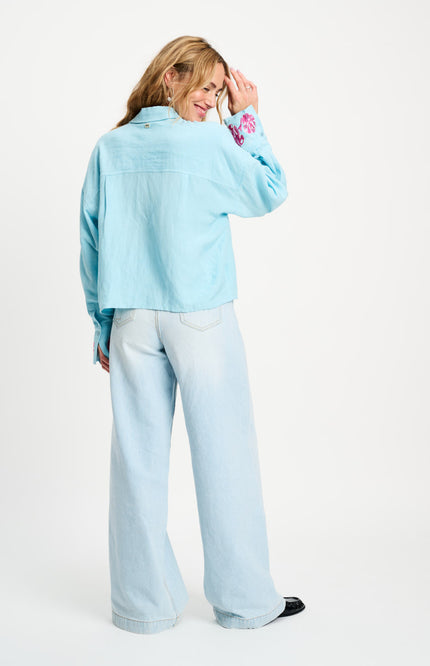 POM Amsterdam Blouse Blue Sequins Urban Flora Blue SP9499 Stretchshop.nl