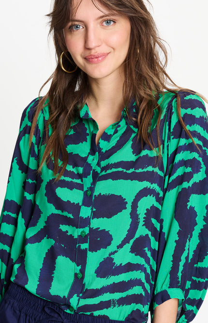 POM Amsterdam Blouse Waves Green Multi Colour SP9546 Stretchshop.nl