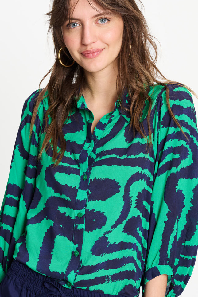 POM Amsterdam Blouse Waves Green Multi Colour SP9546 Stretchshop.nl