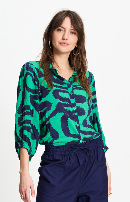 POM Amsterdam Blouse Waves Green Multi Colour SP9546 Stretchshop.nl