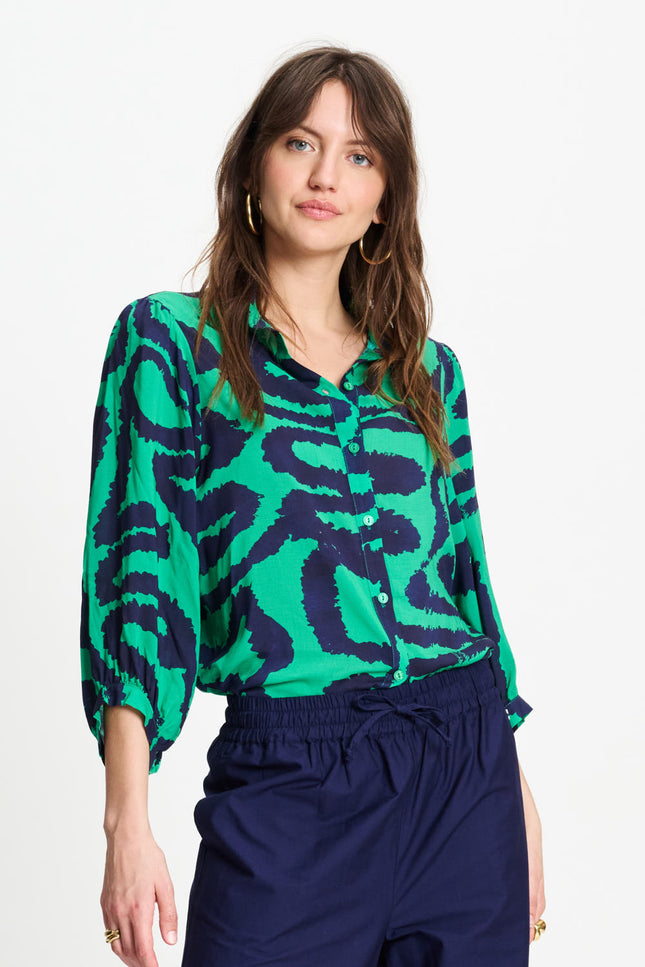 POM Amsterdam Blouse Waves Green Multi Colour SP9546 Stretchshop.nl